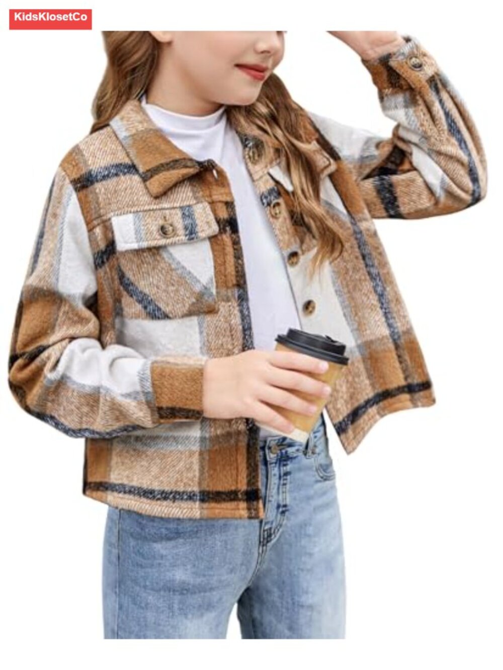 Girls Flannel Cropped Shacket Plaid Jacket Casual Coat